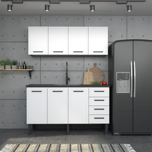 Balcão de Aço Com Tampo Madeira 153x91x52cm 3 Portas 4 Gavetas Juno 160 Cozimax Branco/Preto