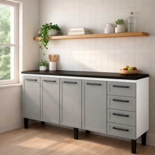 Balcão de Aço Com Tampo Madeira 192x91x52cm 4 Portas 4 Gavetas Juno 200 Cozimax Cinza/Preto