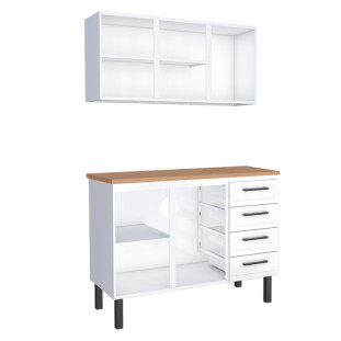 Cozinha Completa Balcão de Aço com Tampo Madeira e Armário Aéreo Juno 120 Cozimax Branco/Jequitiba