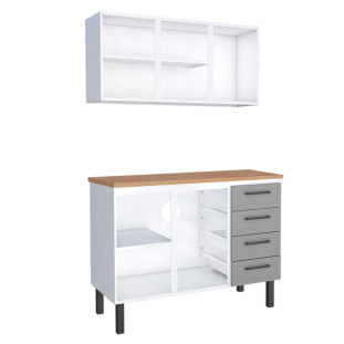 Cozinha Completa Balcão de Aço com Tampo Madeira e Armário Aéreo Juno 120 Cozimax Cinza/Jequitiba