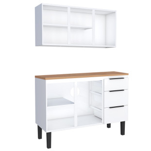 Cozinha Completa Balcão Aço com Tampo Madeira e Armário Aéreo Júpiter 120 Cozimax Branco/Jequitiba