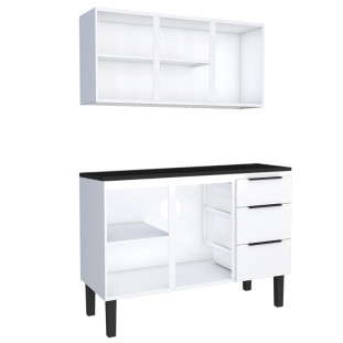 Cozinha Completa Balcão Aço com Tampo Madeira e Armário Aéreo Júpiter 120 Cozimax Branco/Preto