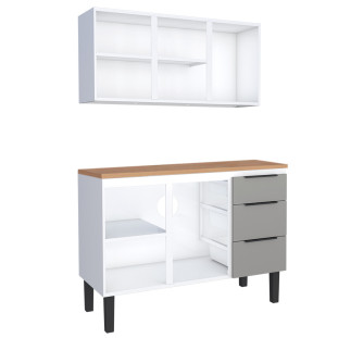 Cozinha Completa Balcão Aço com Tampo Madeira e Armário Aéreo Júpiter 120 Cozimax Cinza/Jequitiba
