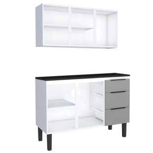 Cozinha Completa Balcão Aço com Tampo Madeira e Armário Aéreo Júpiter 120 Cozimax Cinza/Preto