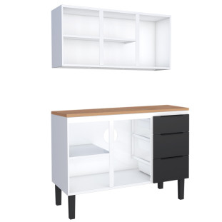 Cozinha Completa Balcão Aço com Tampo Madeira e Armário Aéreo Júpiter 120 Cozimax Preto/Jequitiba