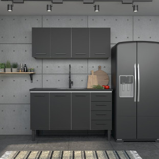 Balcão de Aço Com Tampo Madeira 144x91x52cm 3 Portas 4 Gavetas Juno 150 Cozimax Preto/Preto