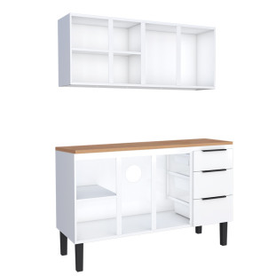 Cozinha Completa Balcão Aço com Tampo Madeira e Armário Aéreo Júpiter 140 Cozimax Branco/Jequitiba