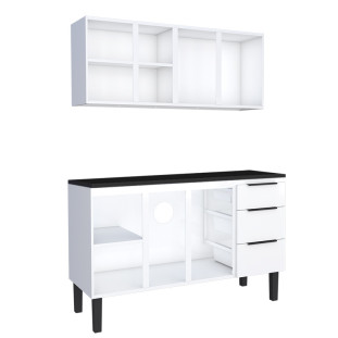 Cozinha Completa Balcão Aço com Tampo Madeira e Armário Aéreo Júpiter 140 Cozimax Branco/Preto