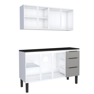 Cozinha Completa Balcão Aço com Tampo Madeira e Armário Aéreo Júpiter 140 Cozimax Cinza/Preto