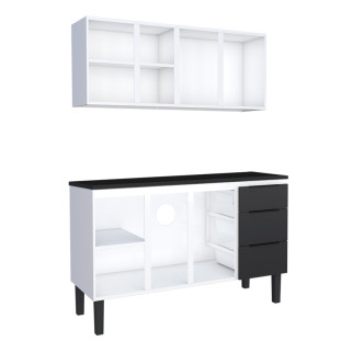 Cozinha Completa Balcão Aço com Tampo Madeira e Armário Aéreo Júpiter 140 Cozimax Preto/Preto