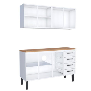 Cozinha Completa Balcão de Aço com Tampo Madeira e Armário Aéreo Juno 150 Cozimax Branco/Jequitiba