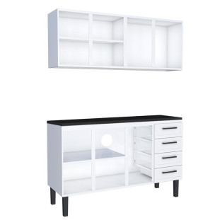 Cozinha Completa Balcão de Aço com Tampo Madeira e Armário Aéreo Juno 150 Cozimax Branco/Preto