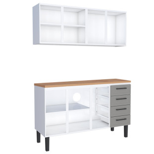 Cozinha Completa Balcão de Aço com Tampo Madeira e Armário Aéreo Juno 150 Cozimax Cinza/Jequitiba