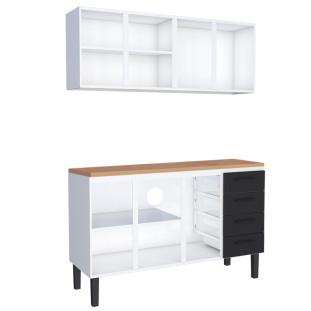 Cozinha Completa Balcão de Aço com Tampo Madeira e Armário Aéreo Juno 150 Cozimax Preto/Jequitiba