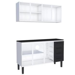 Cozinha Completa Balcão de Aço com Tampo Madeira e Armário Aéreo Juno 150 Cozimax Preto/Preto