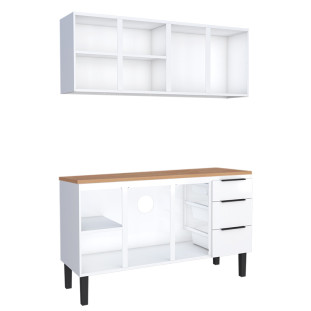 Cozinha Completa Balcão Aço com Tampo Madeira e Armário Aéreo Júpiter 150 Cozimax Branco/Jequitiba