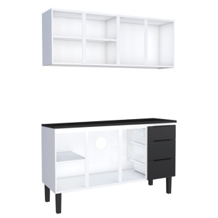 Cozinha Completa Balcão Aço com Tampo Madeira e Armário Aéreo Júpiter 150 Cozimax Preto/Preto