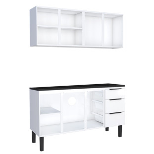 Cozinha Completa Balcão Aço com Tampo Madeira e Armário Aéreo Júpiter 160 Cozimax Branco/Preto