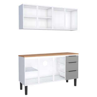 Cozinha Completa Balcão Aço com Tampo Madeira e Armário Aéreo Júpiter 160 Cozimax Cinza/Jequitiba