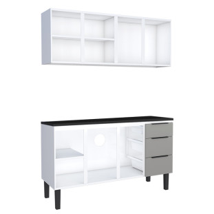 Cozinha Completa Balcão Aço com Tampo Madeira e Armário Aéreo Júpiter 160 Cozimax Cinza/Preto
