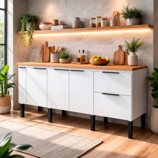 Balcão Buffet Cozinha com Tampo 174x85x51cm Cisne 180 Cozimax Branco/Jequitiba