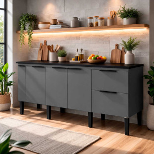 Balcão Buffet Cozinha com Tampo 174x85x51cm Cisne 180 Cozimax Cinza/Preto