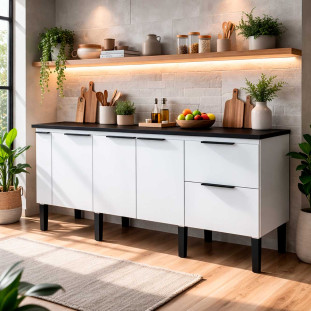 Balcão Buffet Cozinha com Tampo 194x85x51cm Cisne 200 Cozimax Branco/Preto