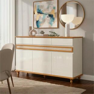 Buffet Sala Jantar 140cm 3 Portas 3 Gavetas Açores EDN Off White/Cedro