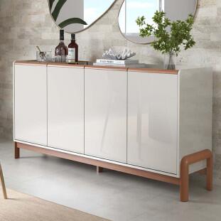 Buffet Balcão 170cm com 4 Portas Pés de Madeira Elegance Lukaliam Off White/Jequitiba