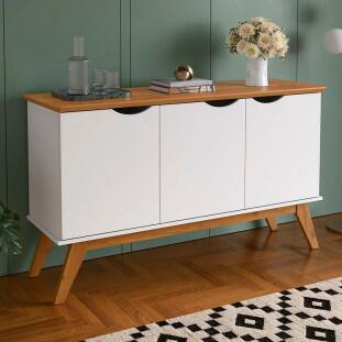 Buffet Aparador 122cm 3 Portas Pés Madeira Prism 1.2 Patrimar Branco/Cinamomo