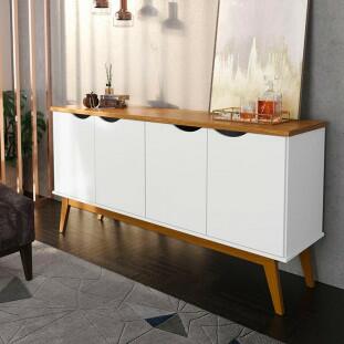 Buffet Aparador 160cm 4 Portas Pés Madeira Prism Patrimar Branco/Cumaru