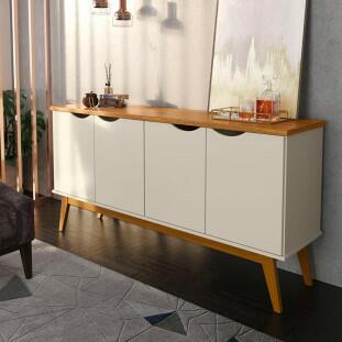 Buffet Aparador 160cm 4 Portas Pés Madeira Prism Patrimar Off White/Cumaru