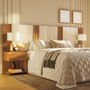 Cabeceira Extensiva Casal Queen King com Mesa Lateral Gaveta Flora Lukaliam Cinamomo/Off White