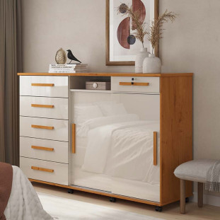 Cômoda Grande Portas de Correr Espelho 176cm Max New Lukaliam Cinamomo/Off White