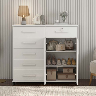 Cômoda Sapateira 1 Porta 6 Gavetas 126cm Platina Lukaliam Branco