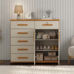 Cômoda Sapateira 1 Porta 6 Gavetas 126cm Platina Lukaliam Cinamomo/Off White