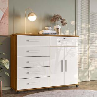 Cômoda Sapateira 1 Porta 6 Gavetas 126cm Platina Lukaliam Freijo/Off White
