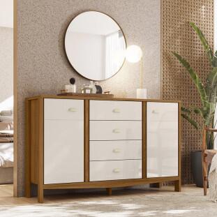 Cômoda Grande 4 Gavetas 2 Portas e Cabideiro Prisma Lukaliam Freijo/Off White