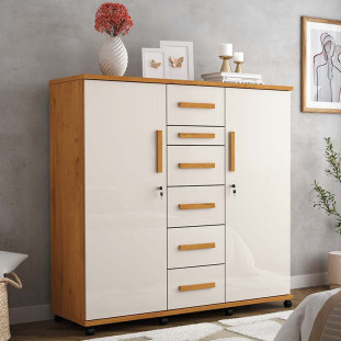 Cômoda Roupeiro Grande 6 Gavetas 2 Portas Espelho Roma Lukaliam Cinamomo/Off White