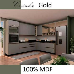 Módulo Armário Aéreo 88x100 Canto Reto Direito 100% MDF Cozinha Modulada Gold Robel Fendi/Cinza