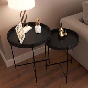 Conjunto 2 Mesas Laterais Redonda Couro Sintético Decor Patrimar Preto