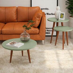 Conjunto com 3 Mesas Apoio Lateral e Centro Redonda Legs Patrimar Verde Alecrim
