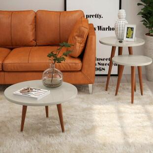 Conjunto com 3 Mesas Apoio Lateral e Centro Redonda Legs Patrimar Off White
