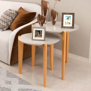 Conjunto de Mesa Lateral Florida 50cm e 60cm Lukaliam Off White/Freijo