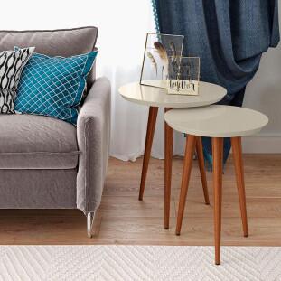 Conjunto com 2 Mesas de Apoio e Lateral Redonda Luna Patrimar Off White