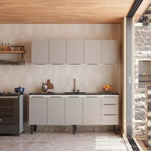 Cozinha Completa Gabinete Para Pia 200cm e Armário Aéreo Júpiter Cozimax Cinza Argila