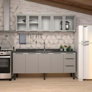 Cozinha Completa Gabinete Para Pia 200cm e Armário Aéreo Portas Vidro Júpiter Cozimax Cinza Argila