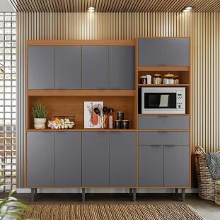 Cozinha Completa 200x200cm 11 Portas 2 Gavetas Bahamas Lukaliam Jequitiba/Cinza