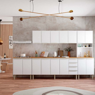 Cozinha Completa Aço Balcão com Tampo Jequitibá e Armário Aéreo 200 Flora Cozimax Branco