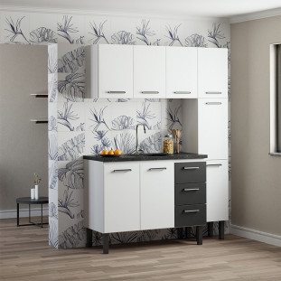 Cozinha Completa de Aço Gabinete Para Pia 120cm com Aéreo e Paneleiro Novo Vênus Cozimax Branco/Preto